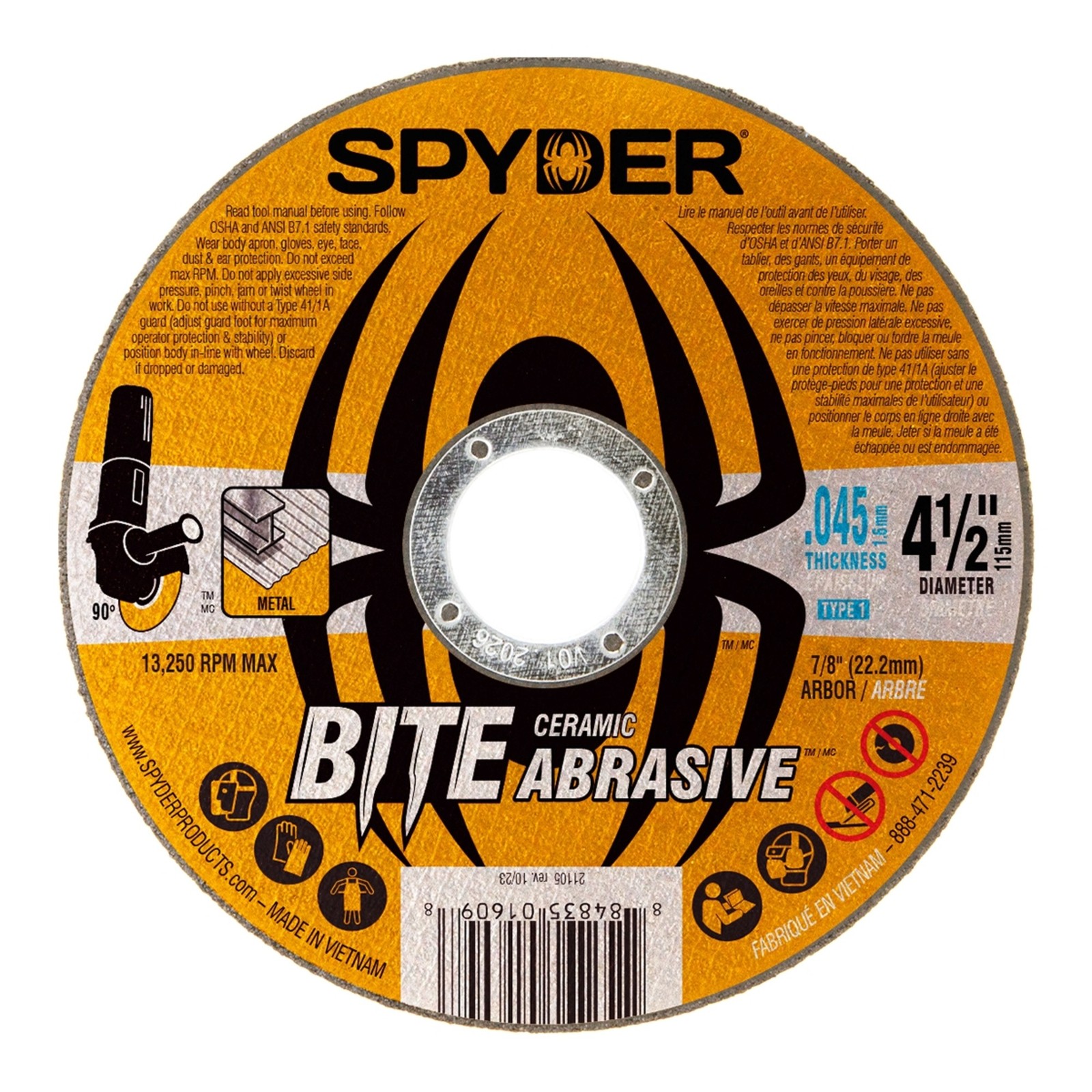 Cut Off Wheel 4.5 in Bonded Ceramic Abrasive 7/8 in Arbor Type 1 Spyder 21105