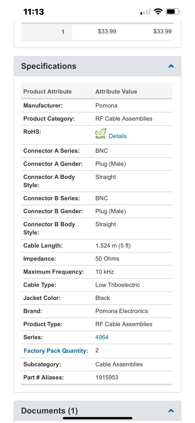 ITT POMONA 4964-SS-60 CABLE ASSEMBLY RF