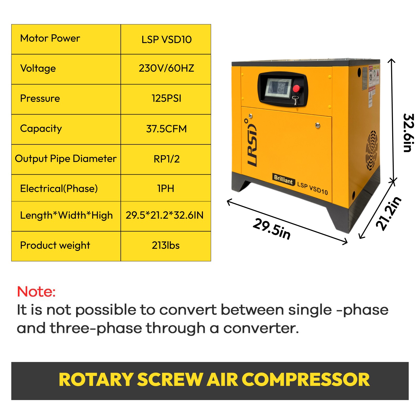 2025 LRSD 10 HP Rotary Screw Air Compressor VFD 230V Single Phase 38CFM 125PSI