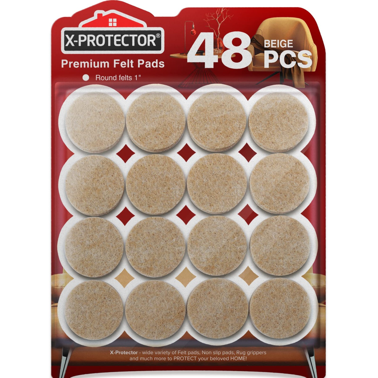 Best Felt Furniture Pads X-PROTECTOR – 48 48 PCS 1″ Beige, Round, Beige
