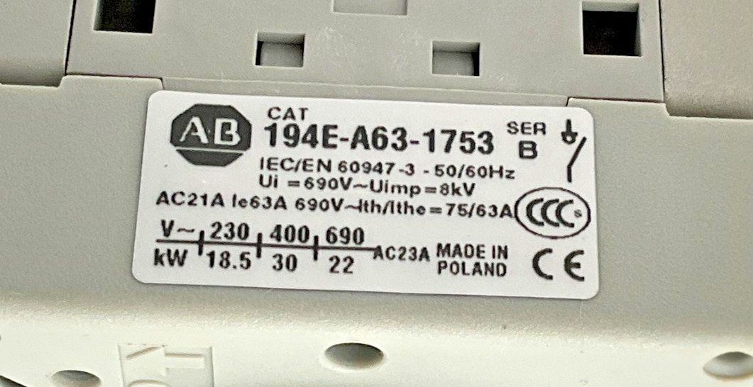Allen Bradley 194E-A63-1753 Ser. B Disconnector Switch 63 Amp 194E New (MCC)