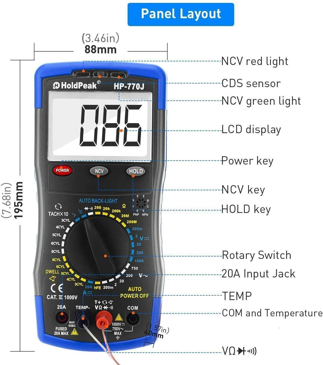 Multimeter NCV Engine Analyser AC DC Volt Ohm RPM Dwell Tacho Automotive Meter