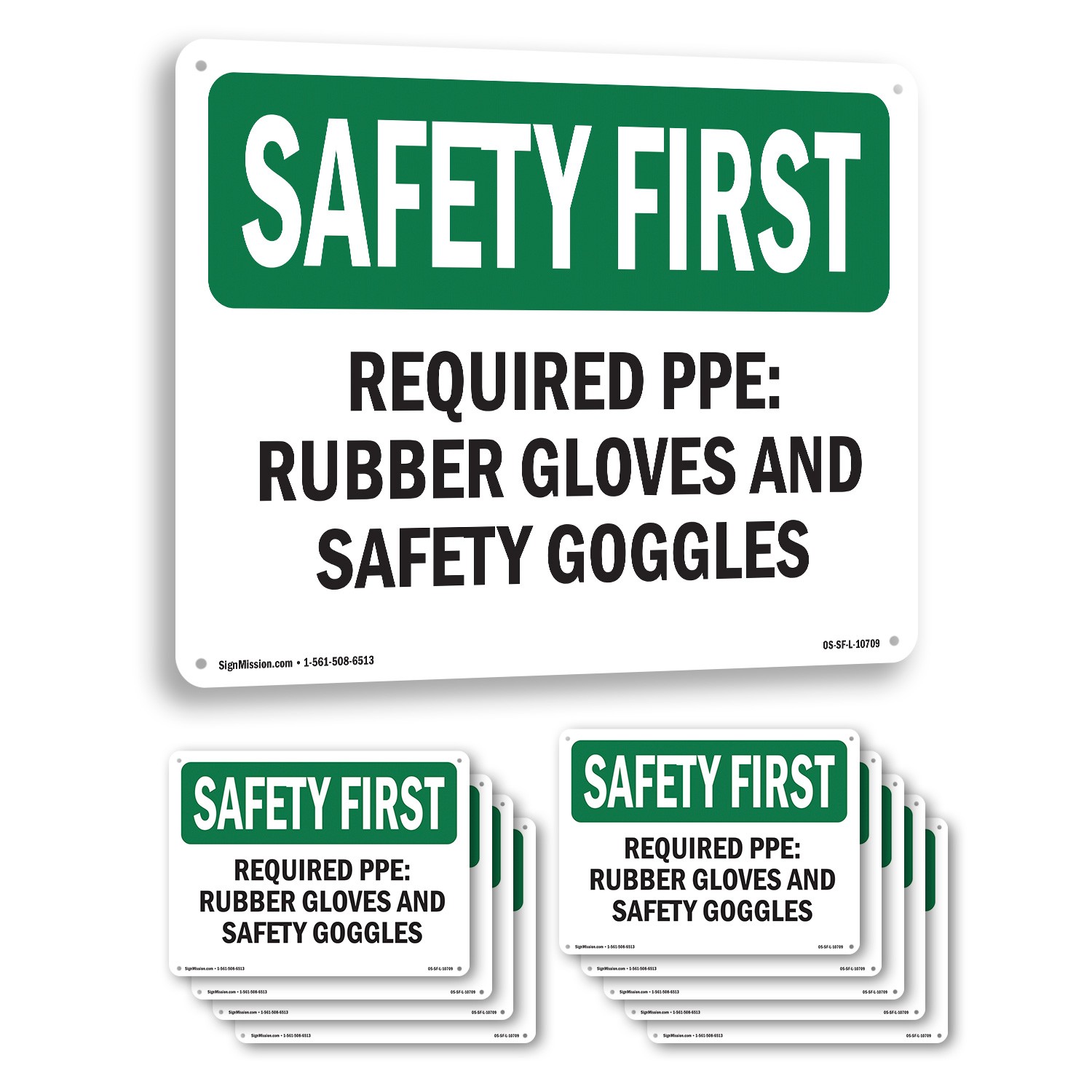 Required PPE Rubber Gloves And Safety Goggles OSHA SAFETY FIRST Sign 5/10 Pack