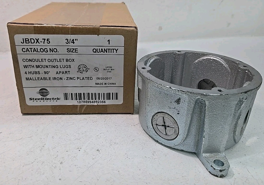 Appleton JBDX-75, (4) 3/4″ Hubs, Malleable Iron, Rigid Conduit Outlet Box