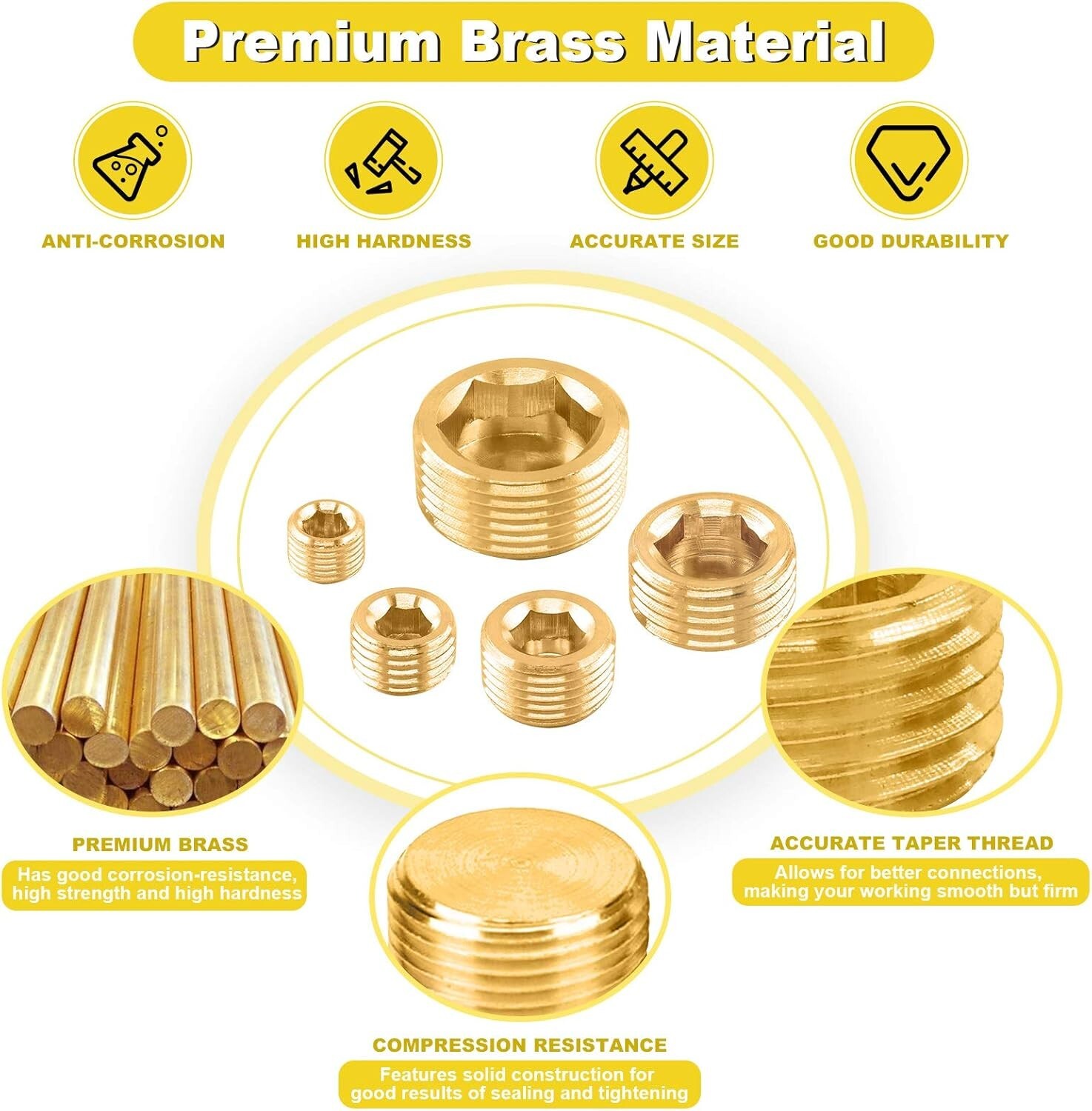 16Pcs Brass NPT Plug Assortment Kit 5 Sizes1/8″ 1/4″ 3/8″ 1/2 «3/4» Internal hex
