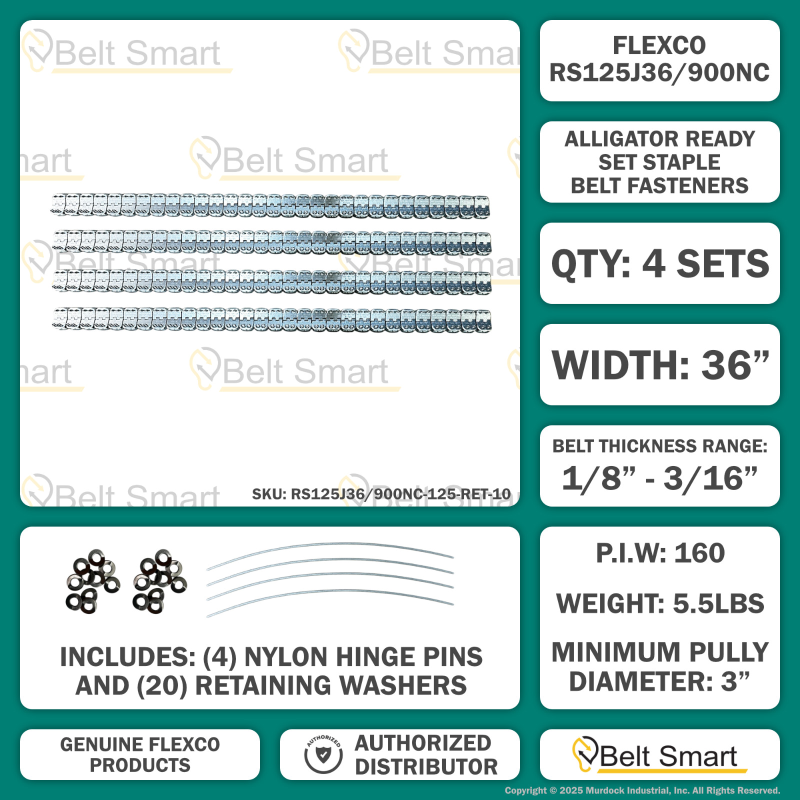 Genuine Flexco RS125J36/900NC Alligator Ready Set Staple Fastener (Box of 4 Set)