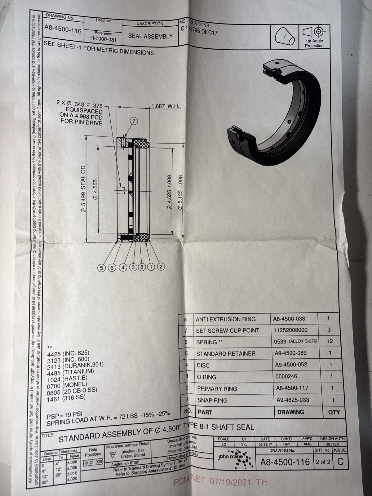 John Crane Type 8-1 Mechanical Shaft Seal Assembly – 4.500”