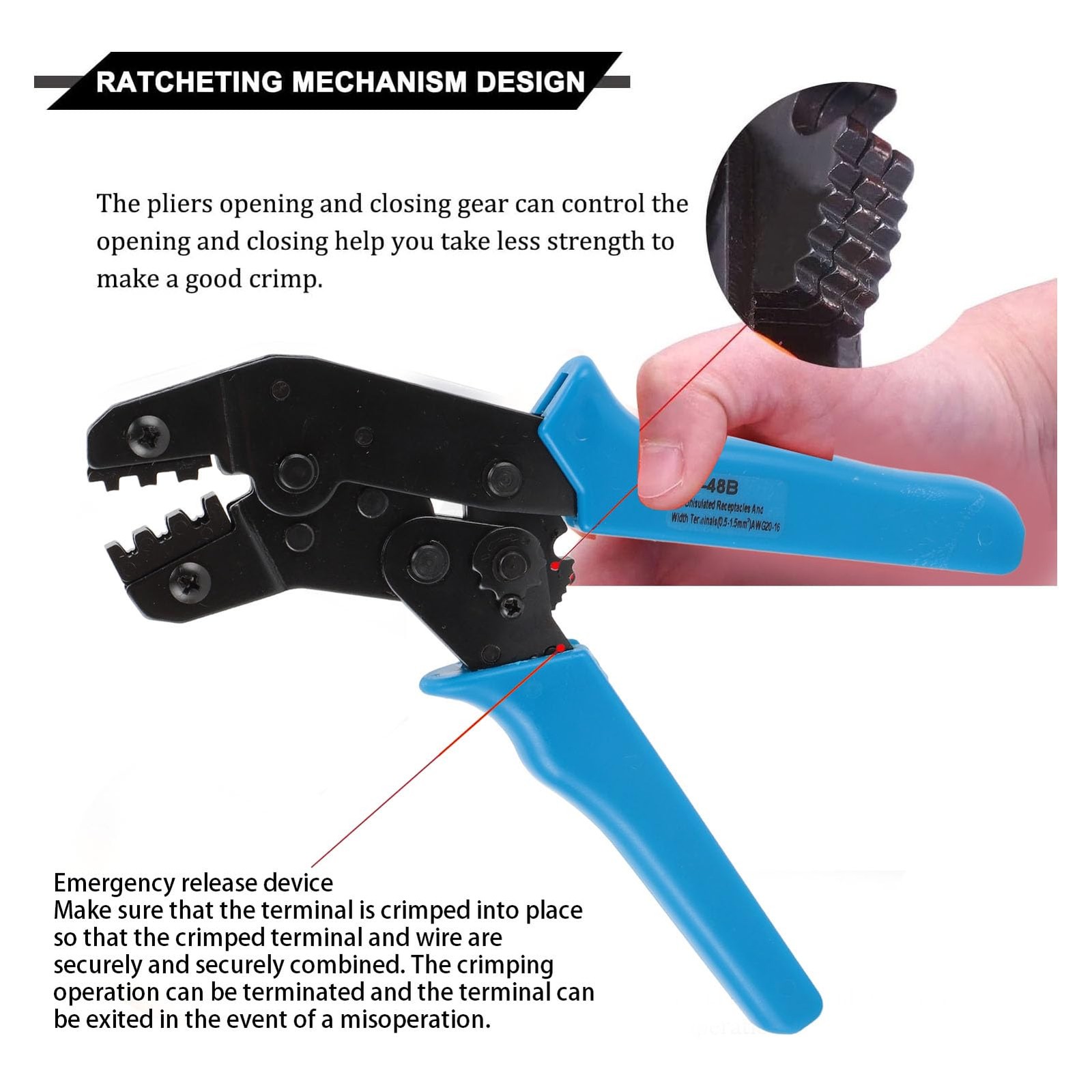 Crimping Tool Wire Terminal Ratcheting For 3.96-6.3mm Spade Connectors