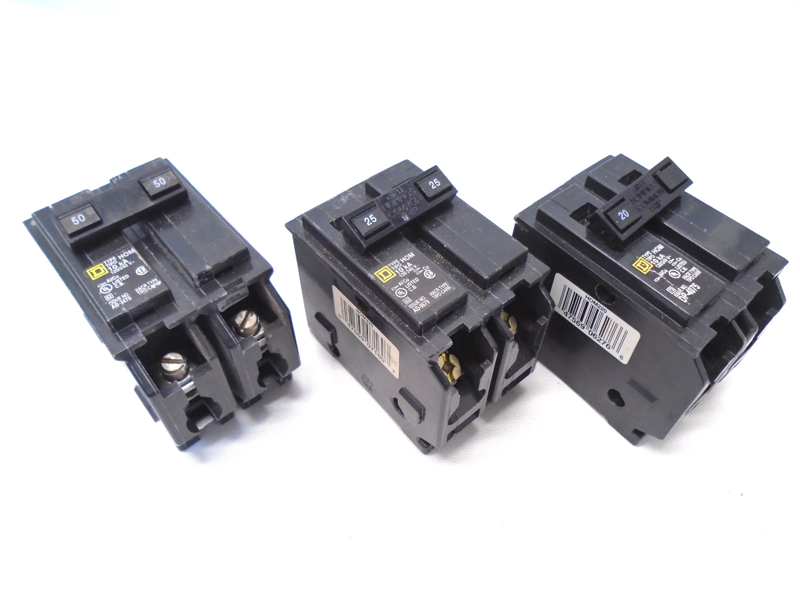 (3) Square D HOM250 HOM225 HOM220 20 25 50 Amp 240 Volt 2 Pole Plug In Breaker