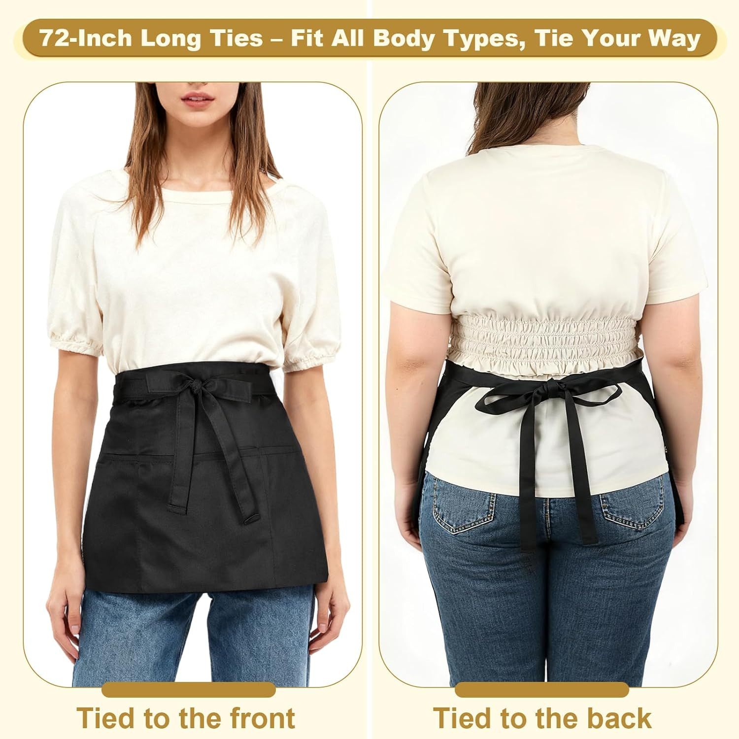 2-Pack Black Server Aprons with 3 Pockets, Adjustable Water-Resistant Waist Half