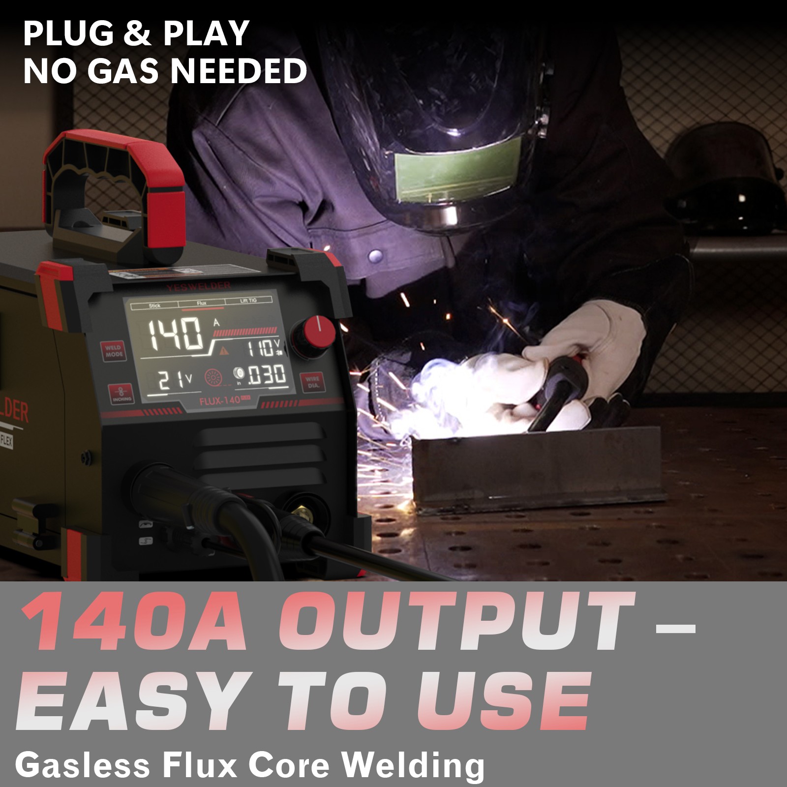 140A 110V Flux Core Gasless MIG/Lift TIG/Stick 3-in-1 Digital Display Welder