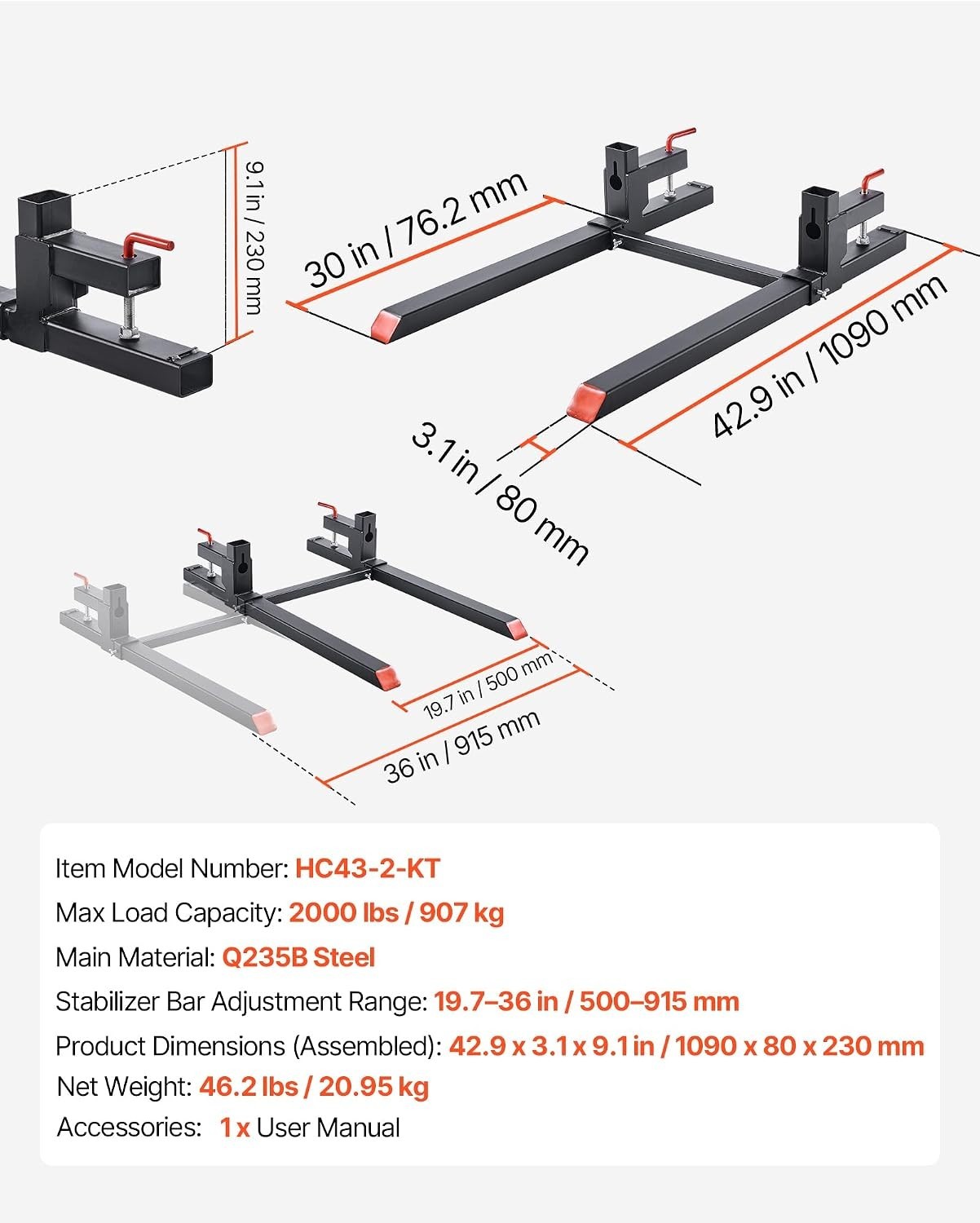 Vevor Clamp On Pallet Forks 2000 Lb 43 Inch Tractor Loader