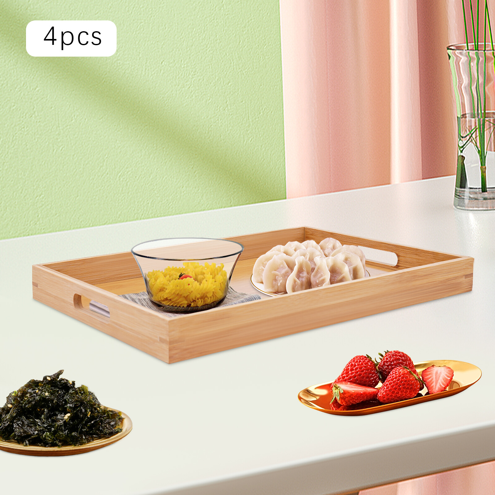 Bamboo Serving Trays 4-Piece Set Rectangular 18.1 × 13 × 1.4 In Log Color
