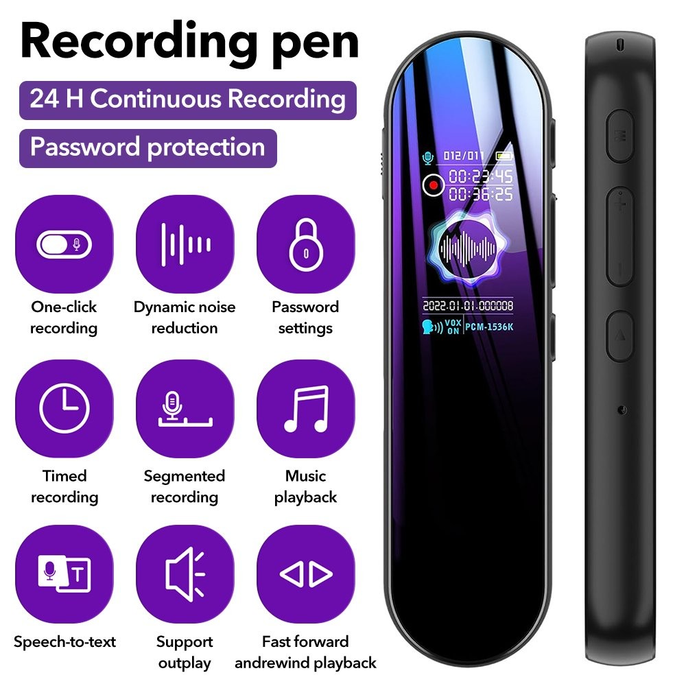 Digital Voice Recorder Dictaphone MP3 Player 24H Long Battery 1536Kbps HD Audio