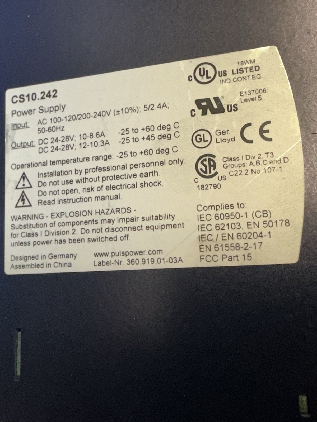 PULS Dimension CS10.242 DIN Rail Power Supply 24VDC 10A 100-240VAC Adjustable