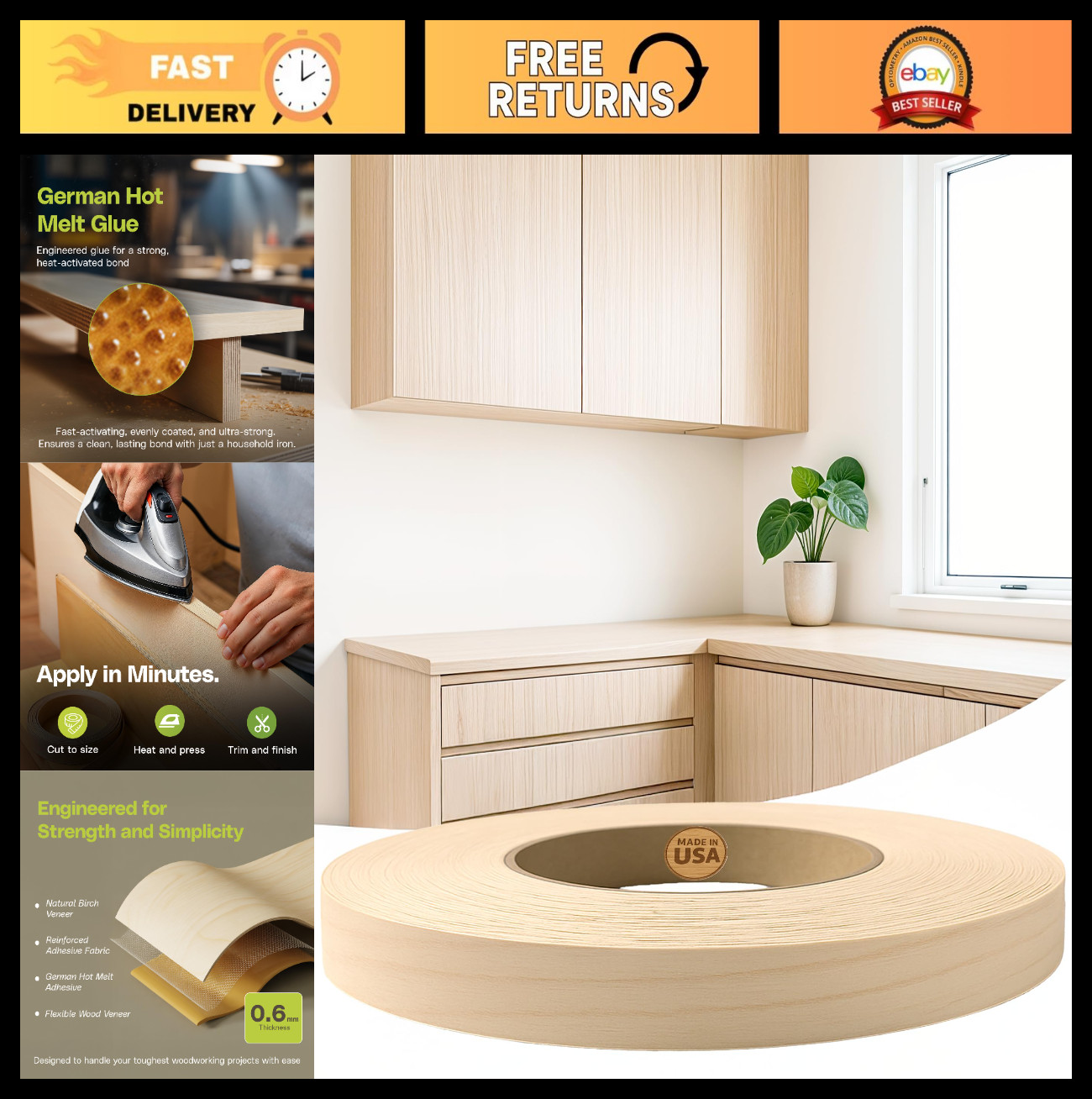 Birch 3/4″ x 50ft Pre-Glued Iron-On Wood Veneer Edge Banding Tape – DIY Furnitur