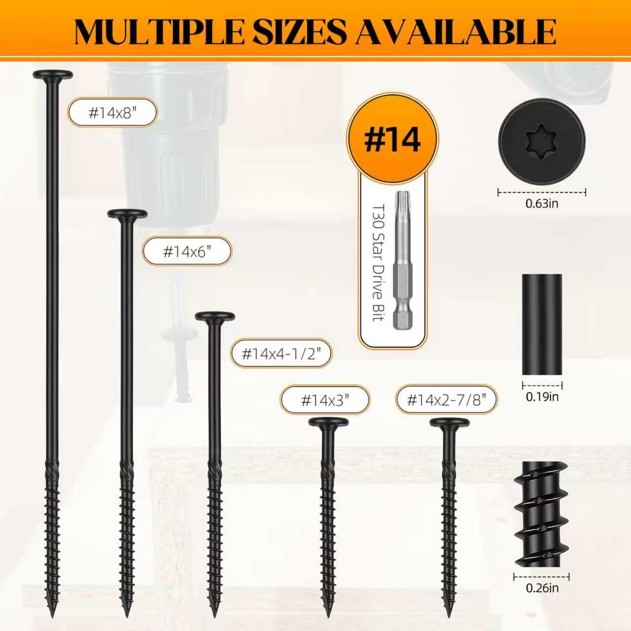 50 PCS #14 x 8 Inch Lag Wood Screws Heavy Duty Star Torx Drive With T30 Bit