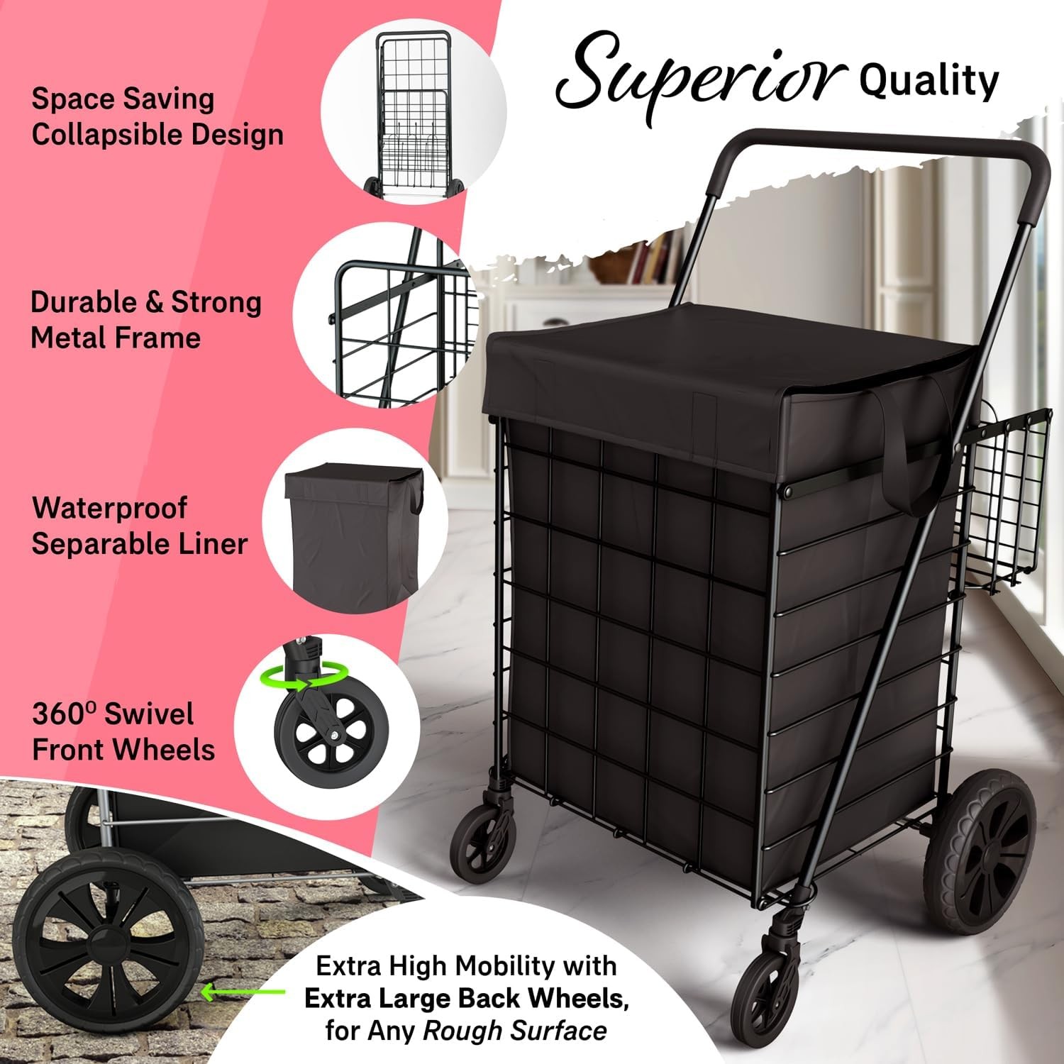 Folding Utility Shopping Cart with Double Basket, Swivel Wheels
