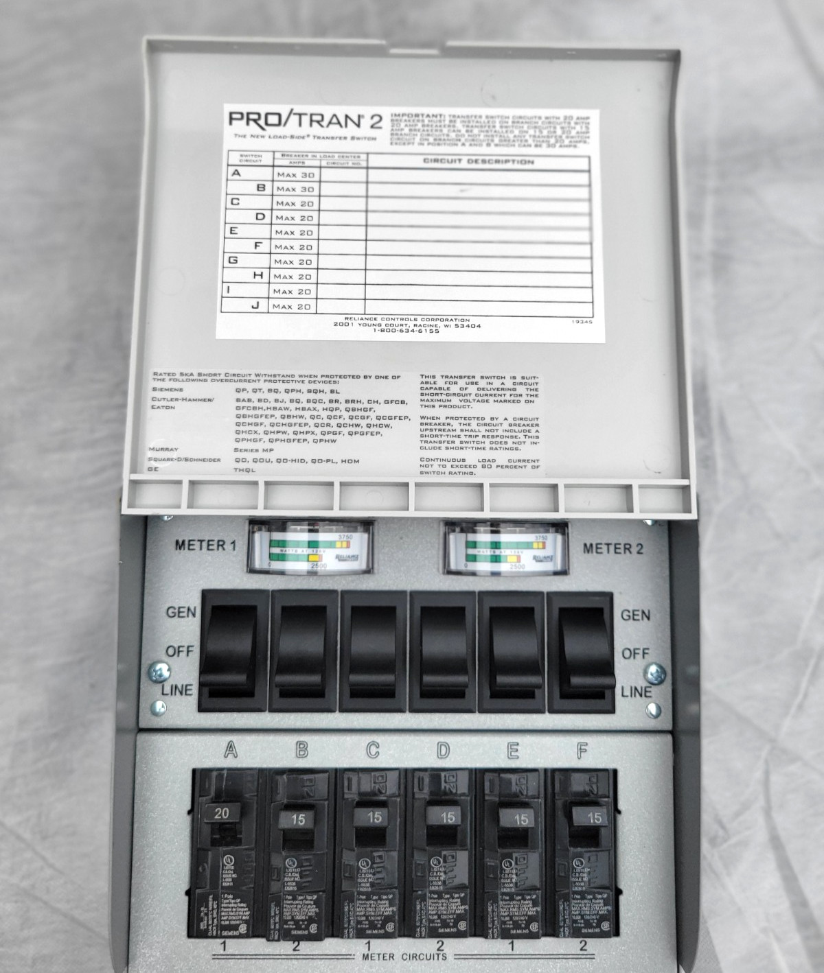 RELIANCE CONTROLS PRO/TRAN 2, 30A MANUAL TRANSFER SWITCH KIT INLET BOX
