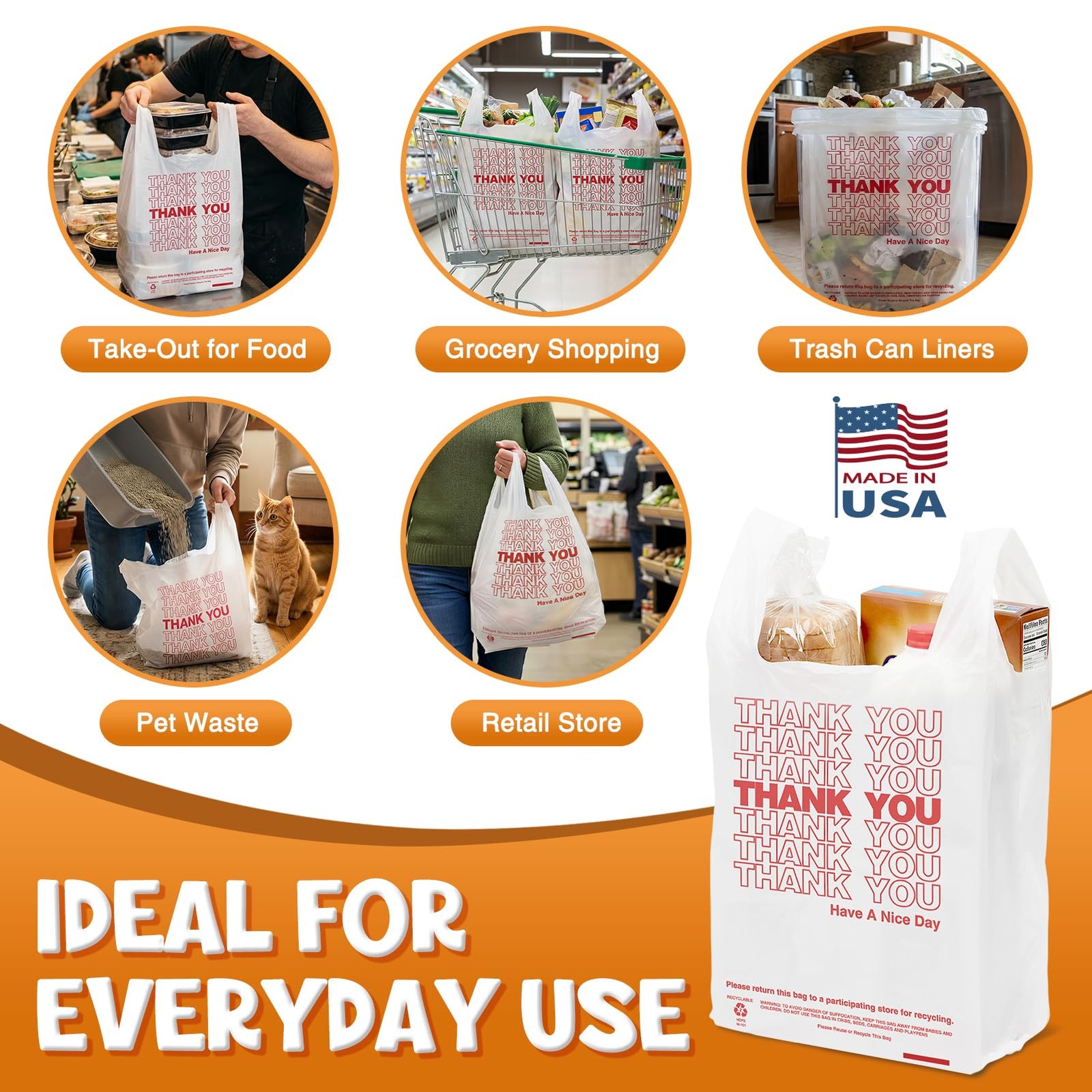 Glotoch Thank You Plastic Bags with Handle White (350 Count), 11.5 x 6.5 x 21…