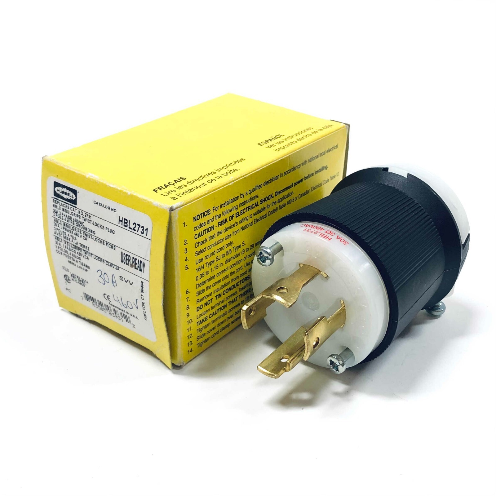 HBL2731 Hubbell InsulGrip Twist-Lock Plug 30A, 3-Phase, 480VAC, 3-Pole