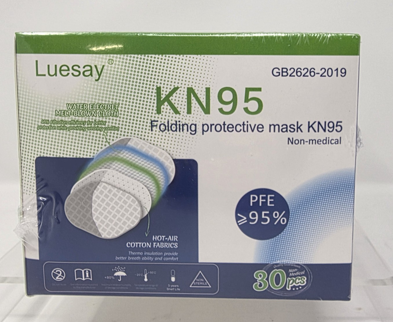 LUESAY KN95 Face Masks Black 30 Pack GB2626-2019 5 Layer Foldable