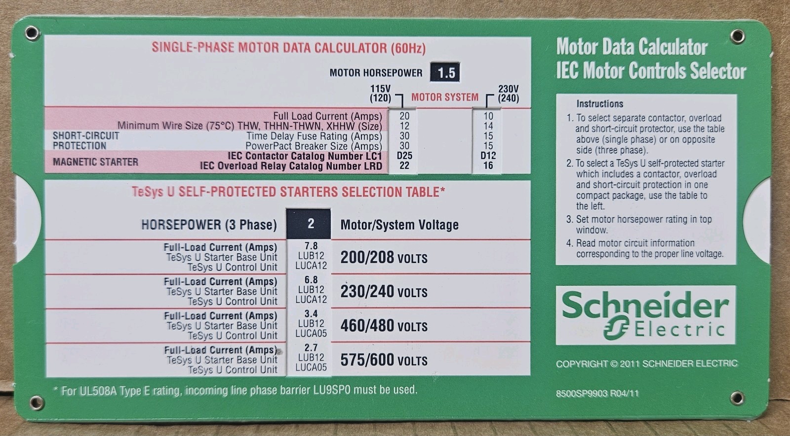 New Schneider Electric Single & Three Phase Motor Data Calculator