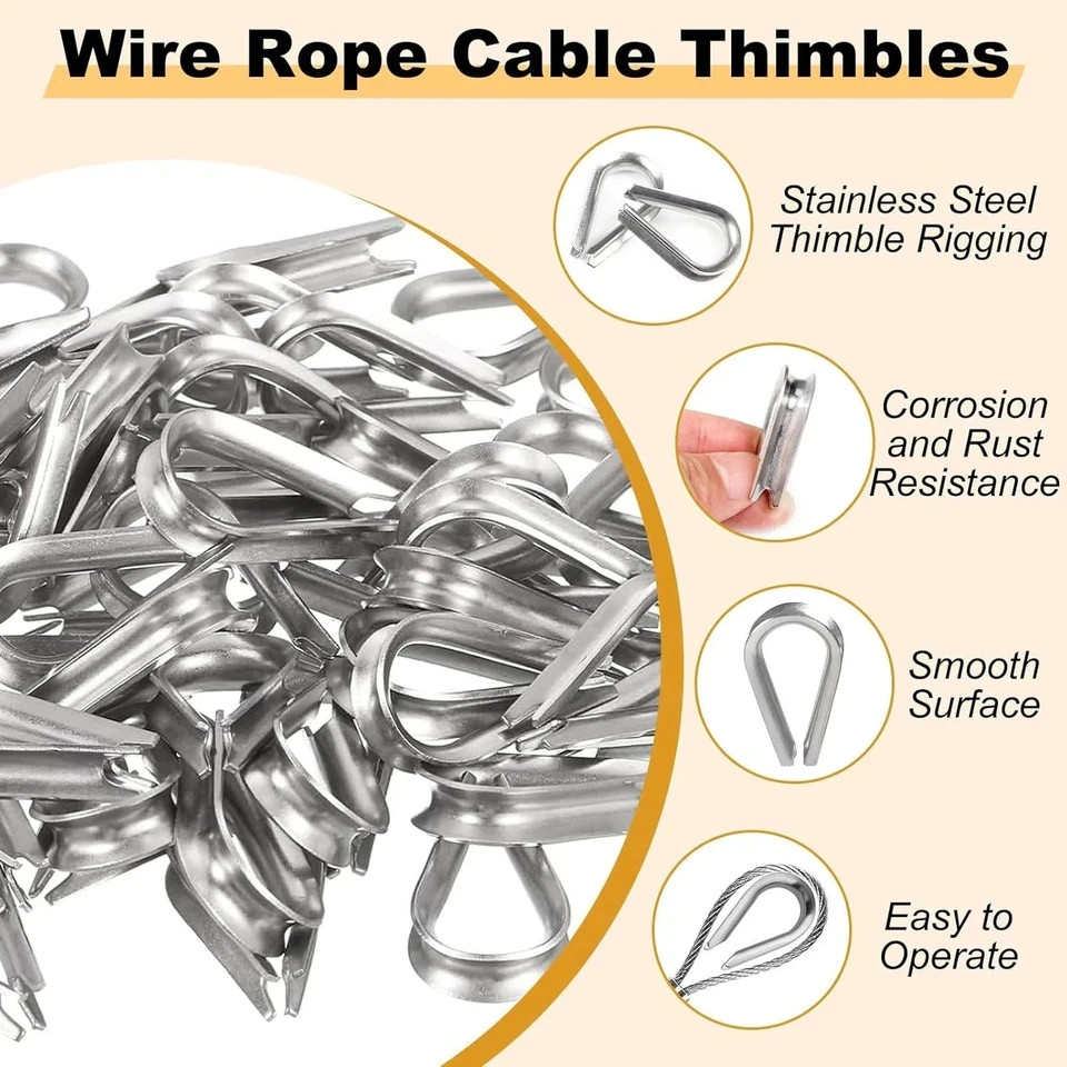 20Pcs 1/8” M3 Wire Rope Clamps 20Pcs M3 Wire Rope Thimble, 304 Stainless Steel