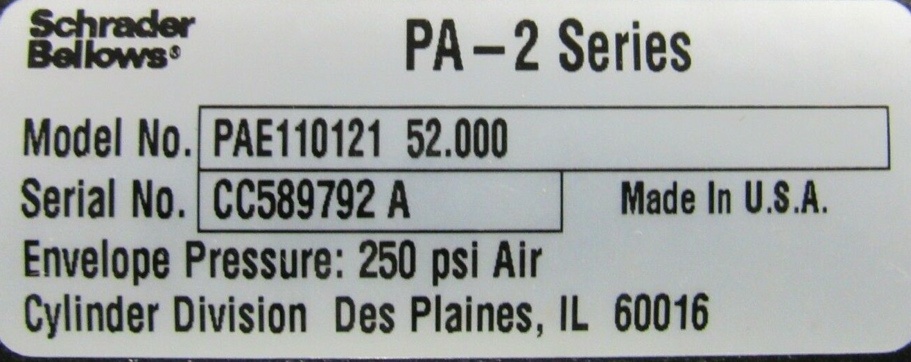 NEW SCHRADER BELLOWS PAE110121-52.000 CYLINDER PA-2 SERIES PAE11012152.000