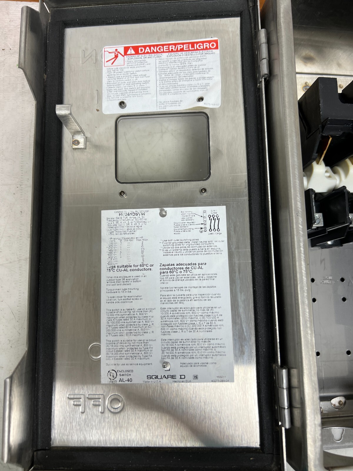 👀 SQUARE D 30A NON-FUSED STAINLESS STEEL SAFETY SWITCH 600V 3Ø 30 HP HU361DSVW