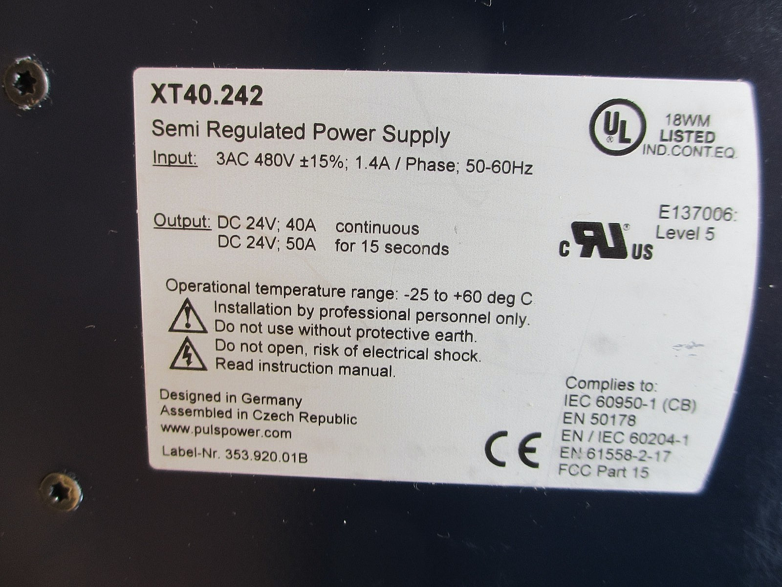PULS Dimension XT40.242 *NEW OLD STK* Power Supply Semi-Regulated