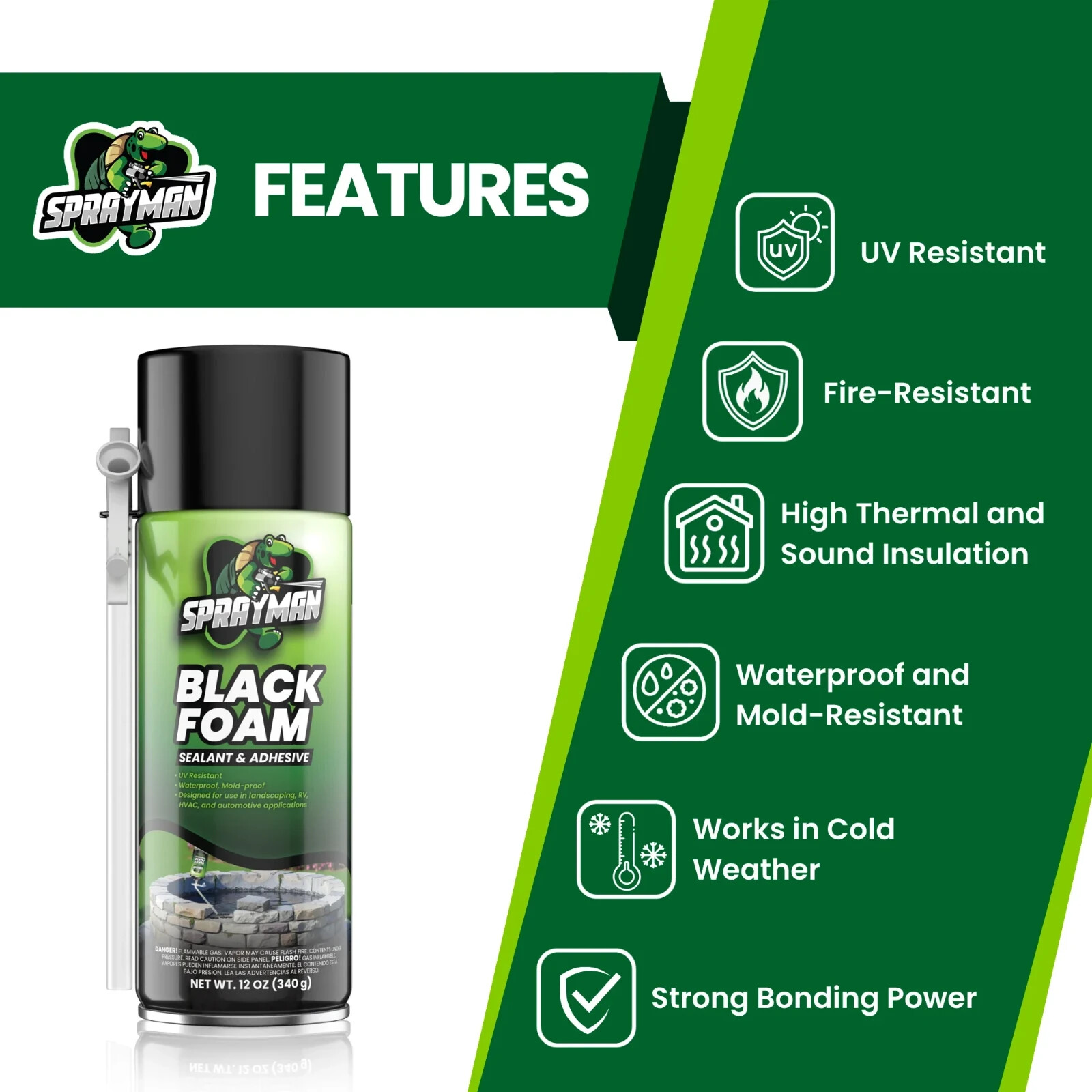 Sprayman Waterfall Pond Landscape Expanding Waterproof Black Spray Foam 12oz 2Pk
