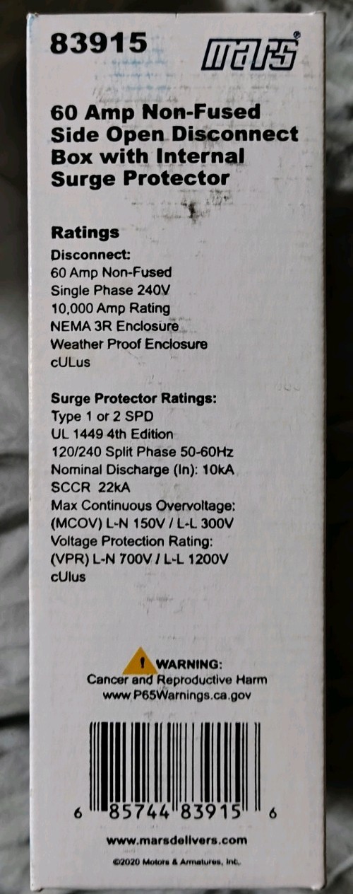 Mars 83915 Non-Fused Disconnect with Surge Protector 60A – 240V Open