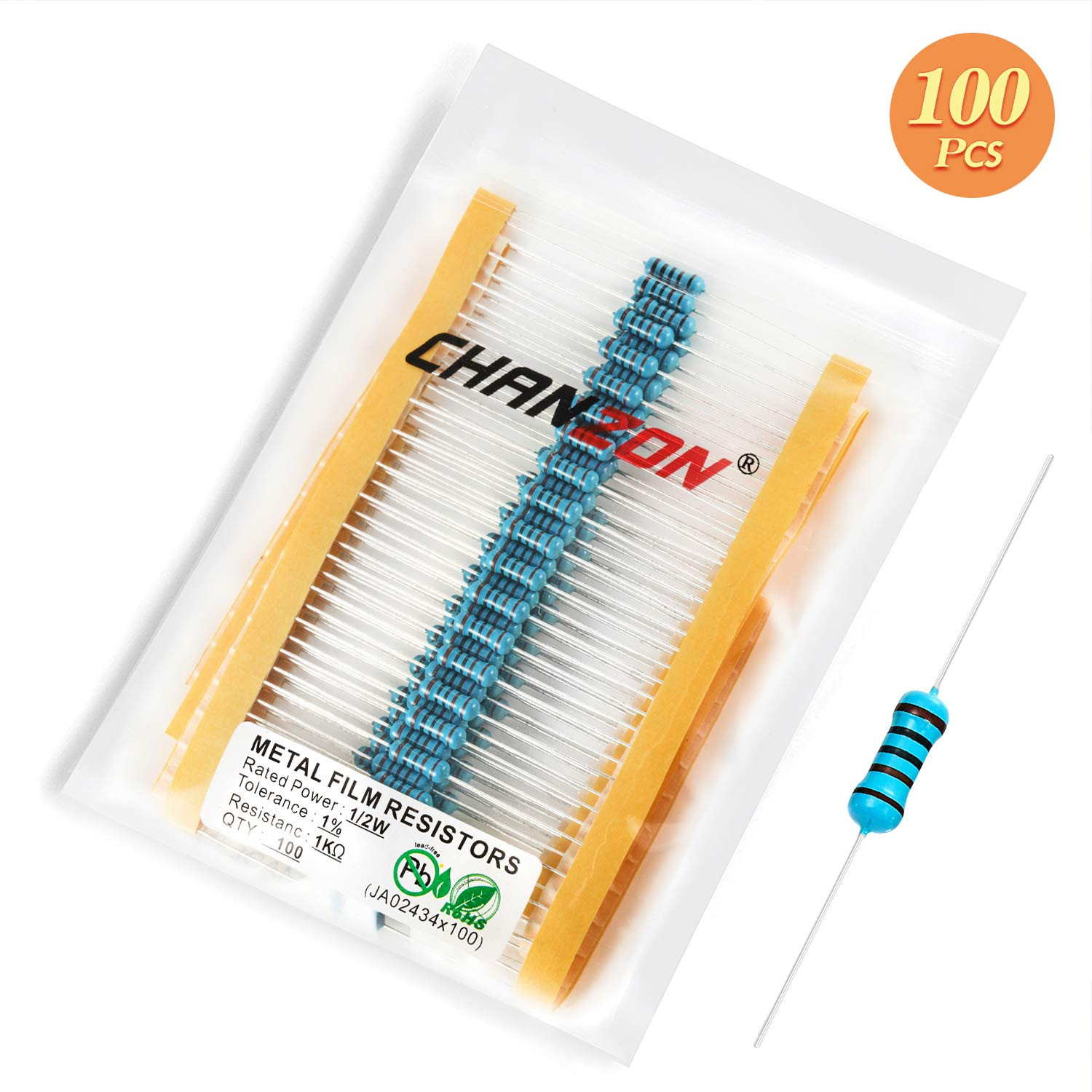 100Pcs 1/2W (0.5W) 1K Ω Ohm Metal Film Fixed Resistor 0.01 ±1% Tolerance 1KR MF
