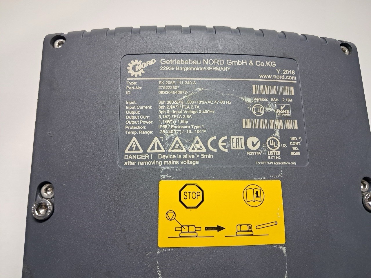 Used – Nord SK 205E-111-340-A INVERTER 1.1 kW 3ph FLA 2.7 Amps 0/400 Hz