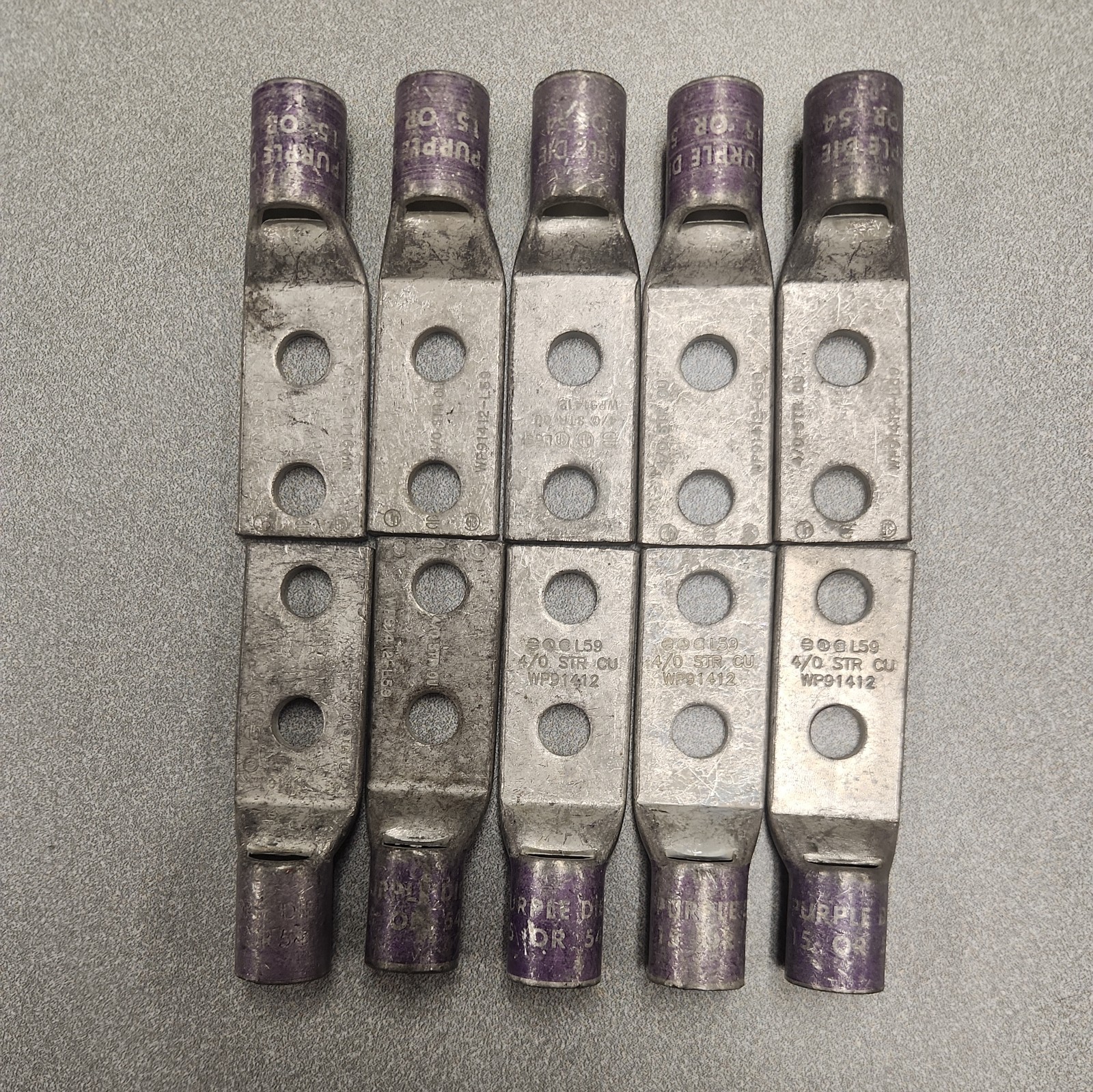 (10) Lug Ends 3/8″ X 1″ spacing 4/0 AWG STR CU Purple Die 15 54