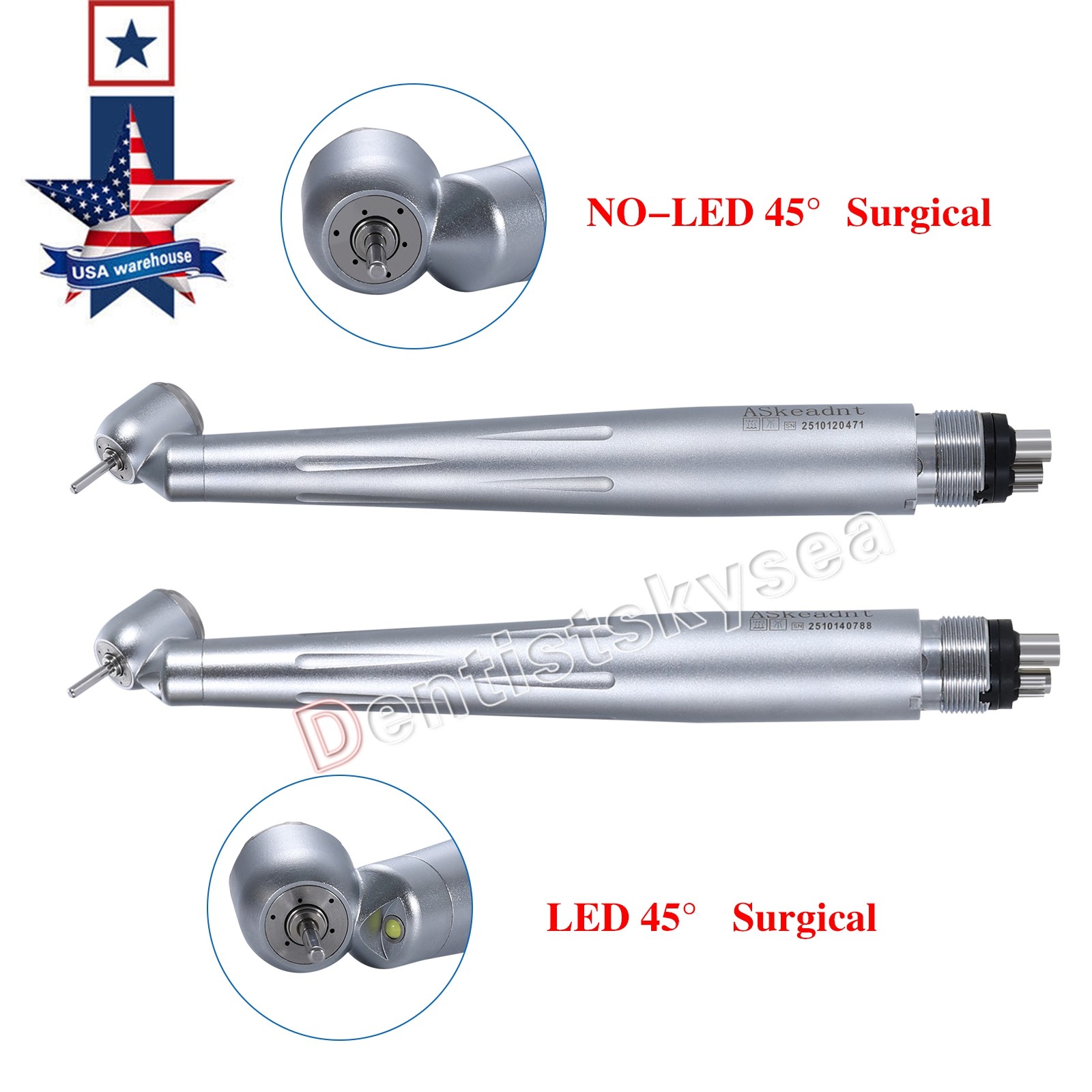 ASKEADNT Dental 45° Degree High Speed Handpiece 4Holes NO LED Turbine