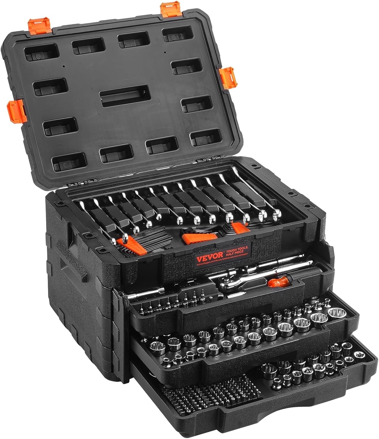 VEVOR Mechanics Tool Set and Socket Set, 1/4″ 3/8″ 1/2″ Drive, 450 PCS | SAE and