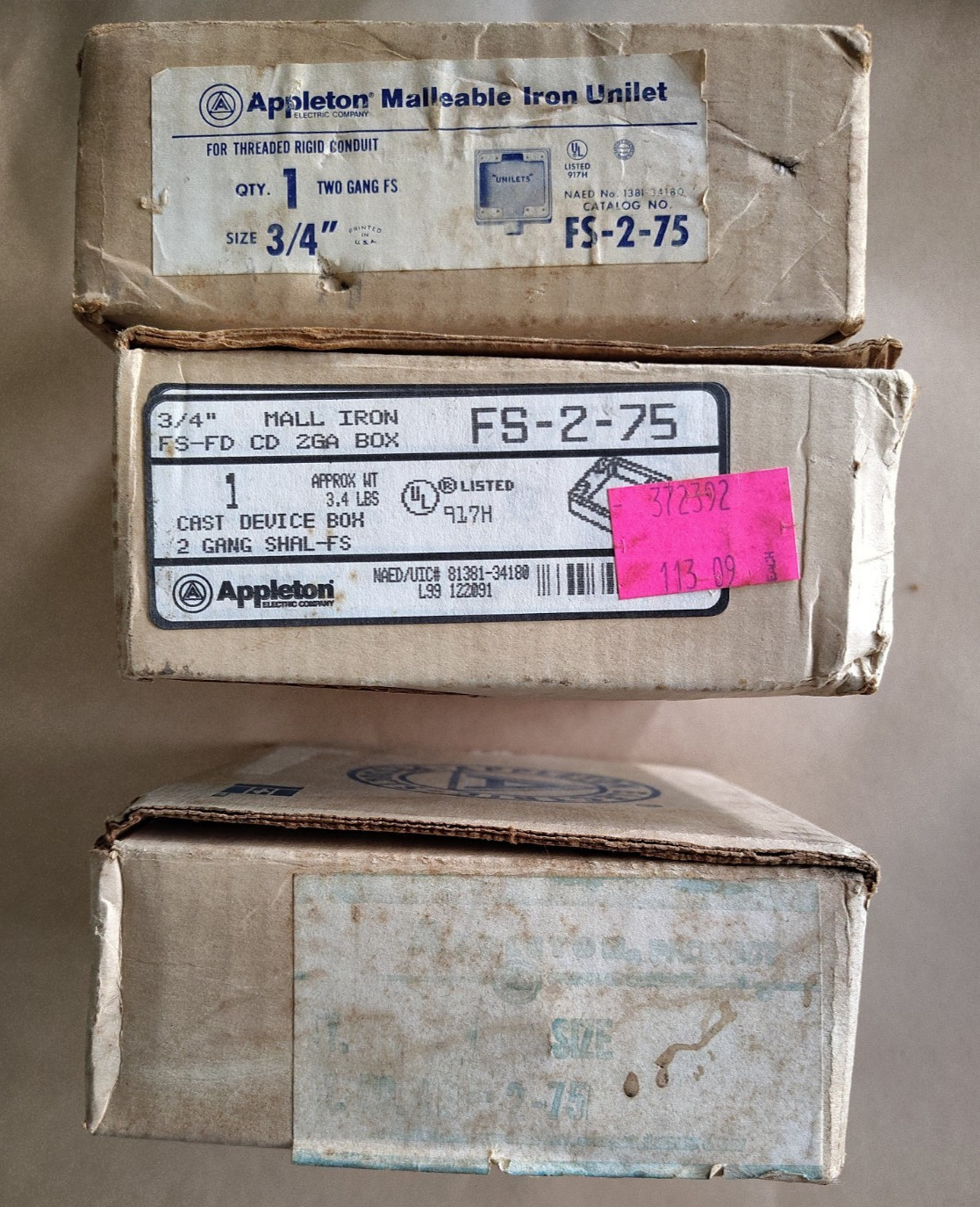 APPLETON 3/4″ MALL IRON FS-FD CD 2GA Cast Device BOX FS-2-75 2 Gang LOT OF 3