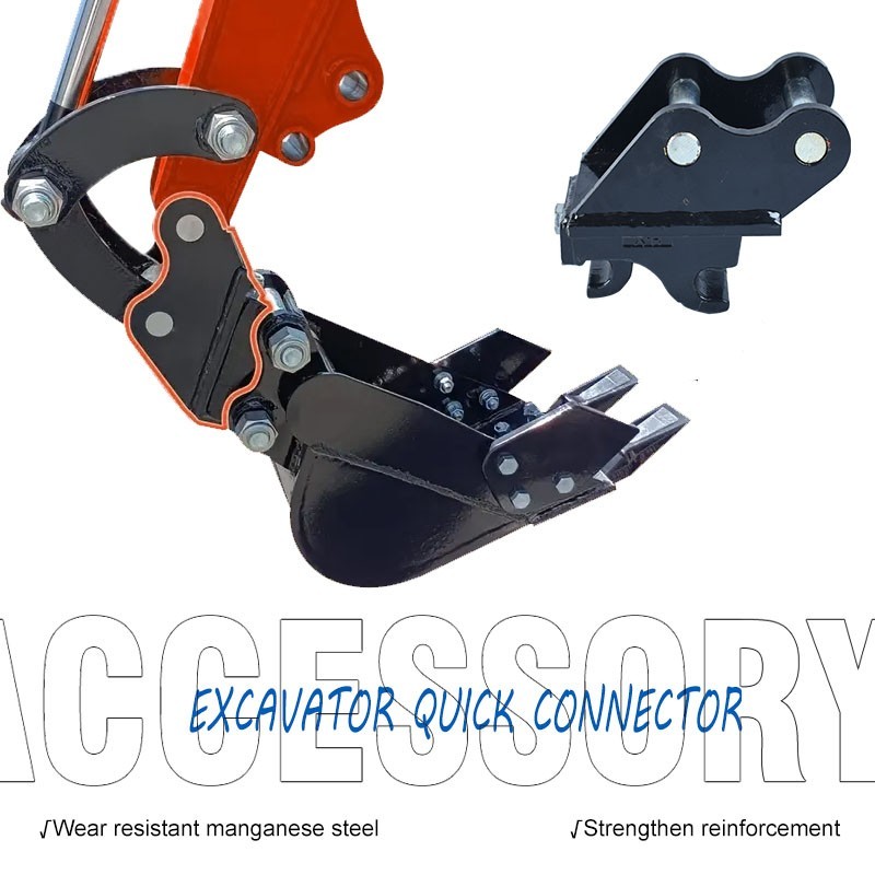 Quick-connect mechanical couplings for mini excavators, tool-free installation.
