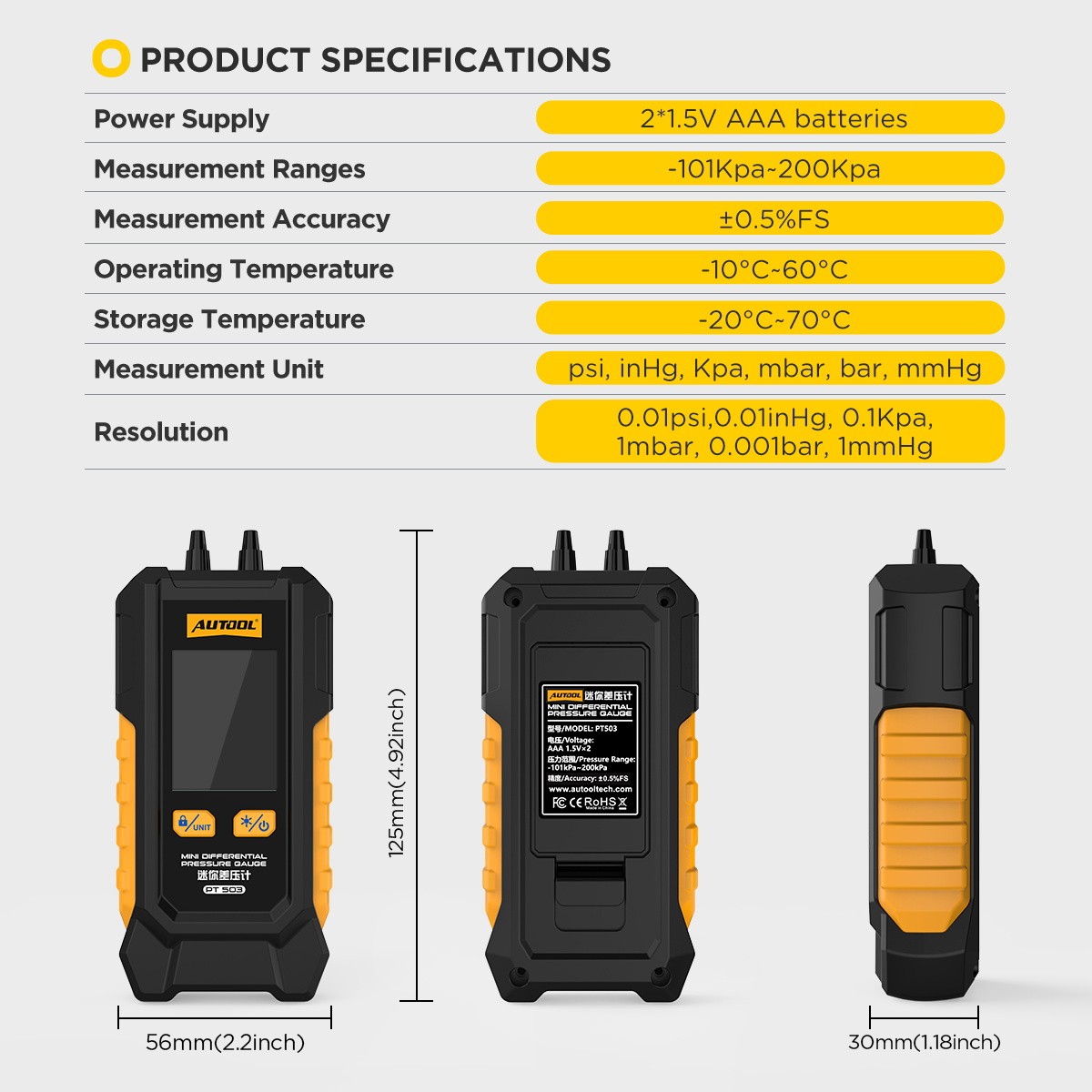 Digital Manometer Gas Air Pressure Tester Dual Port HVAC Tester Meter 200 kPa