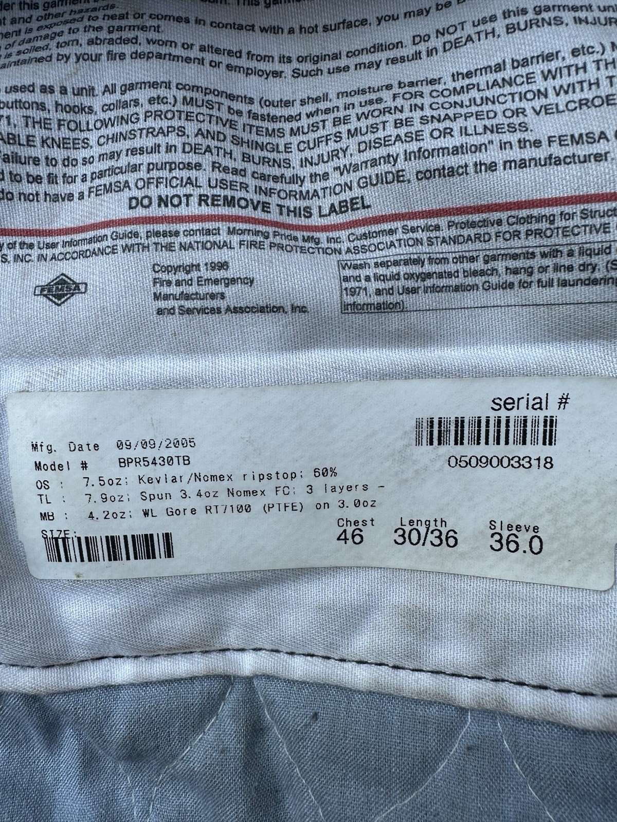 Morning Pride Fire Turnout Coat From 2005. 40 Chest 30/36 Length 36 Sleeve