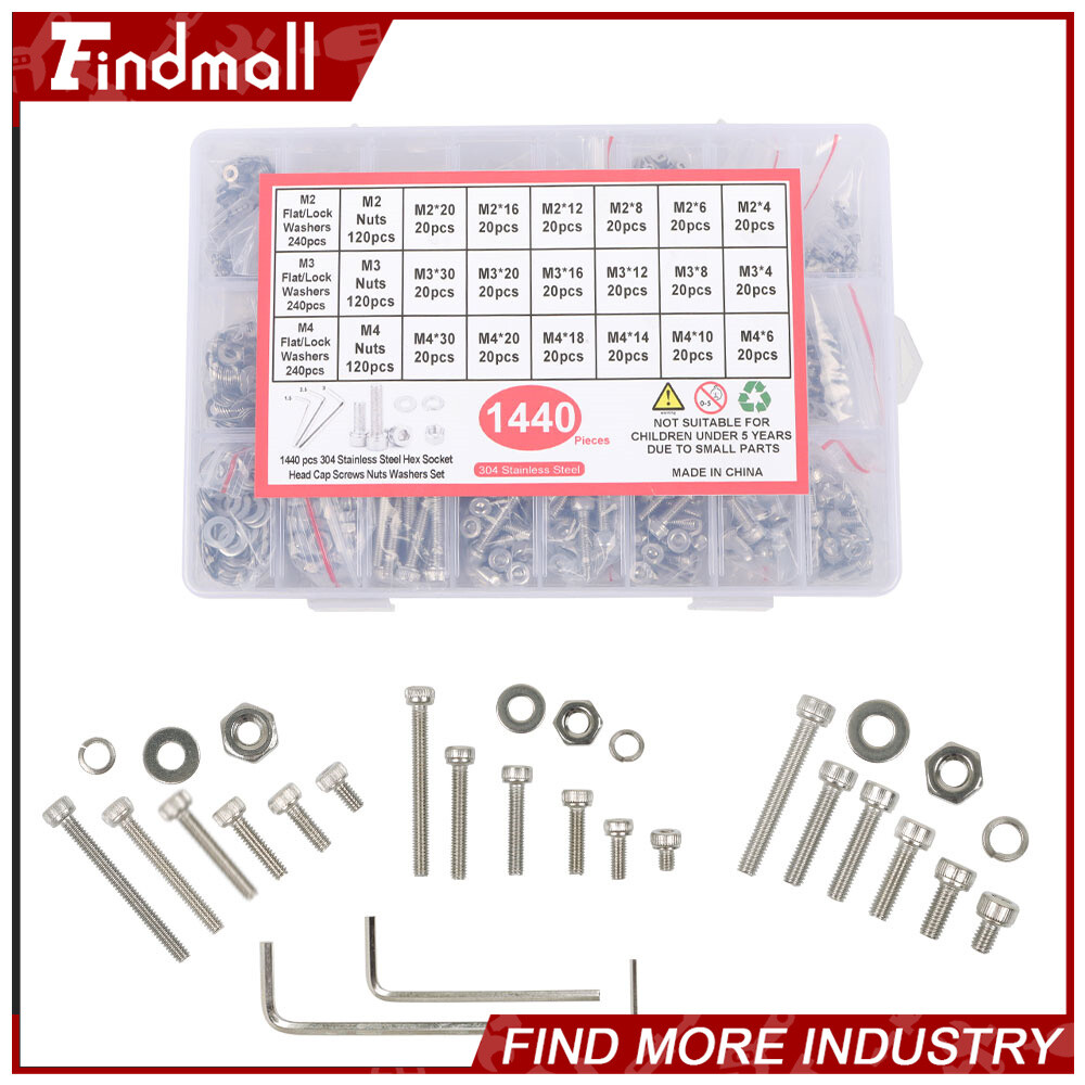Findmall 1440PCS M2 M3 M4 Hex Socket Head Cap Metric Bolts and Nuts Kit