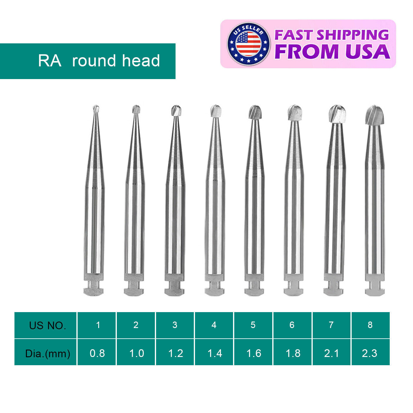 5Pcs Dental Round Carbide Bur for Slow Speed Latch Type RA 1# – 8# Burs