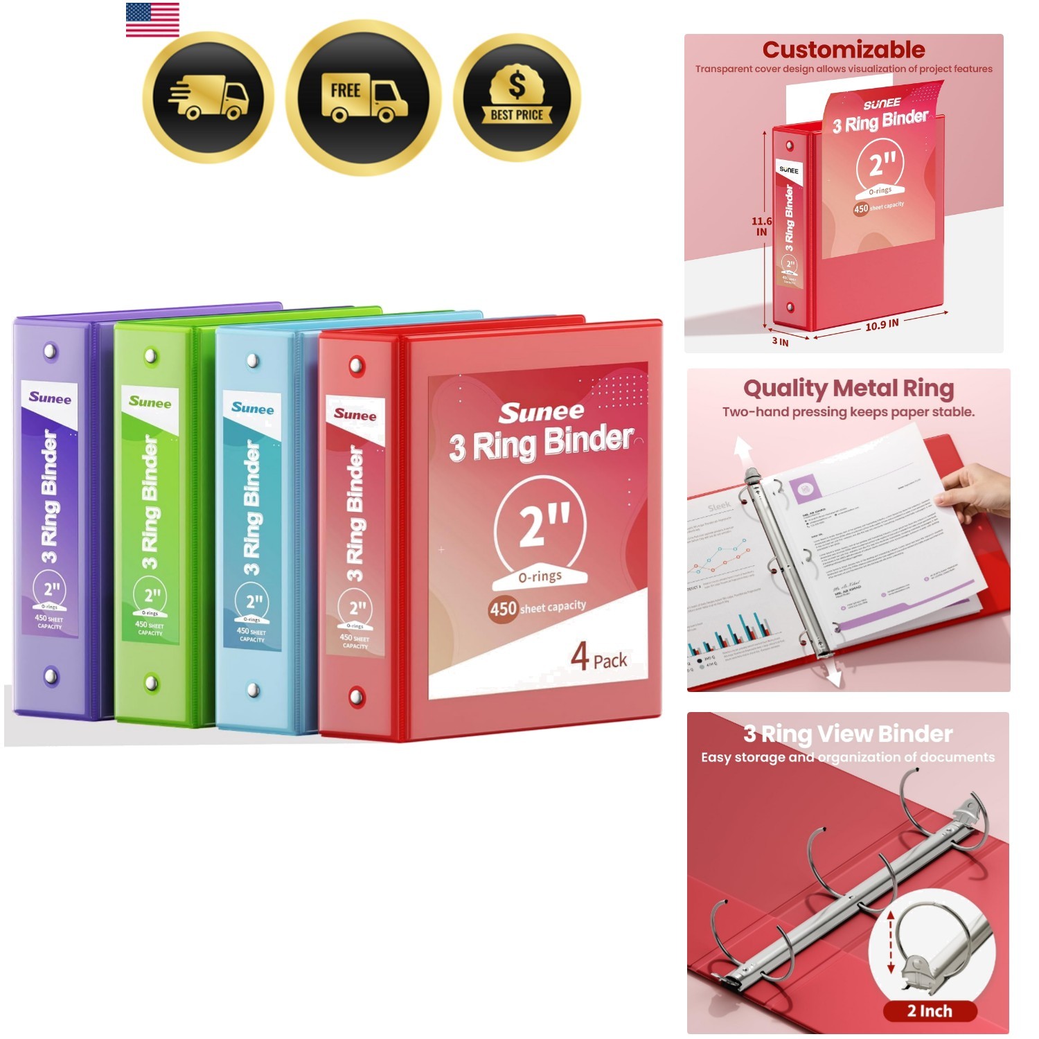 Binders 2 Inch 3 Ring 4 Pack, 2″ Classic 4-Color Binder Set 8.5×11 Inches for…