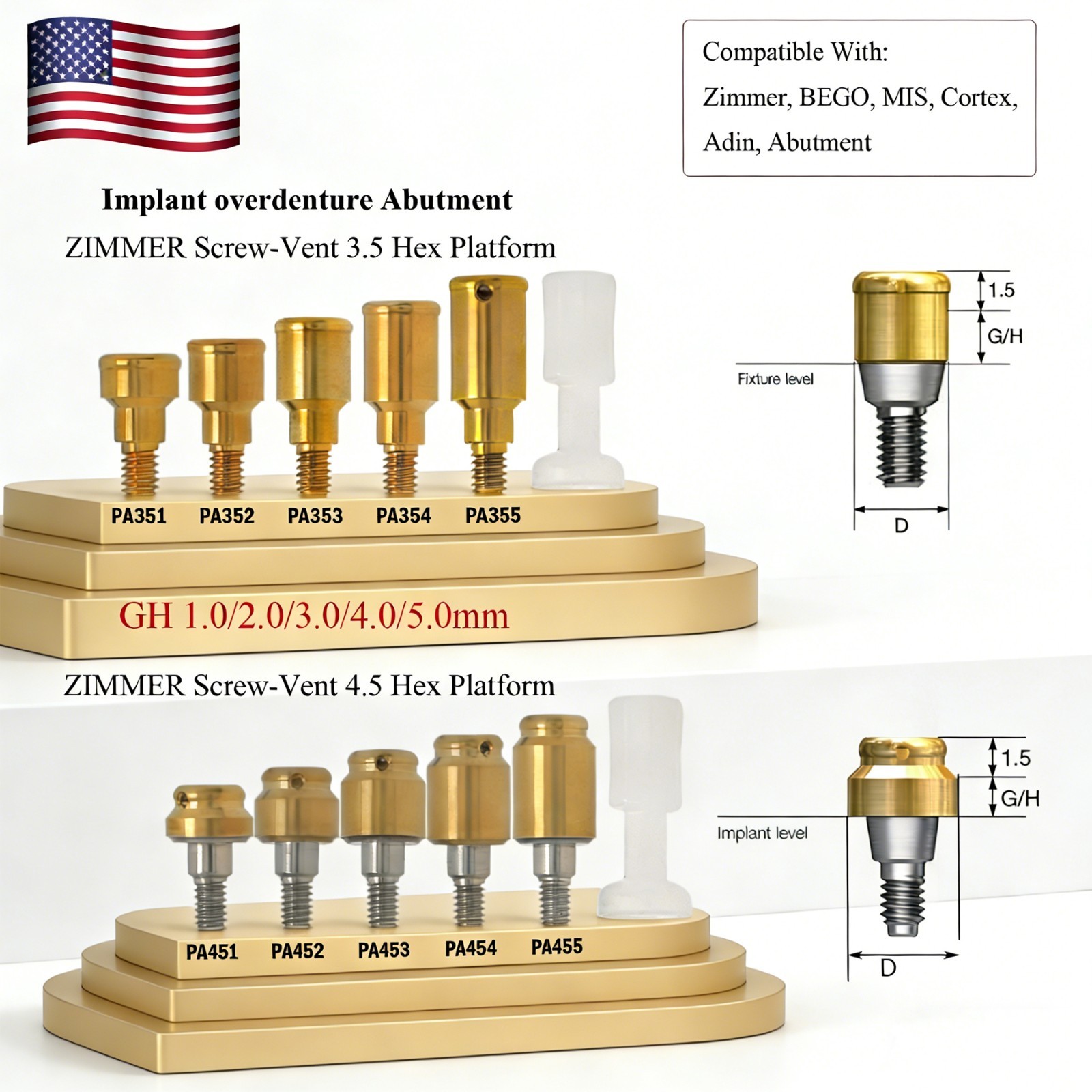 Zest Implant Locator Abutment for Zimmer Screw-Vent 3.5/4.5 Platform 1-5.0mm GH