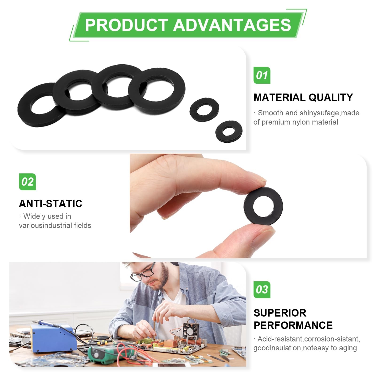 650-Pieces Nylon Flat Washer M3, M4, M5, M6, M8, M10, M12 millimeters, Black