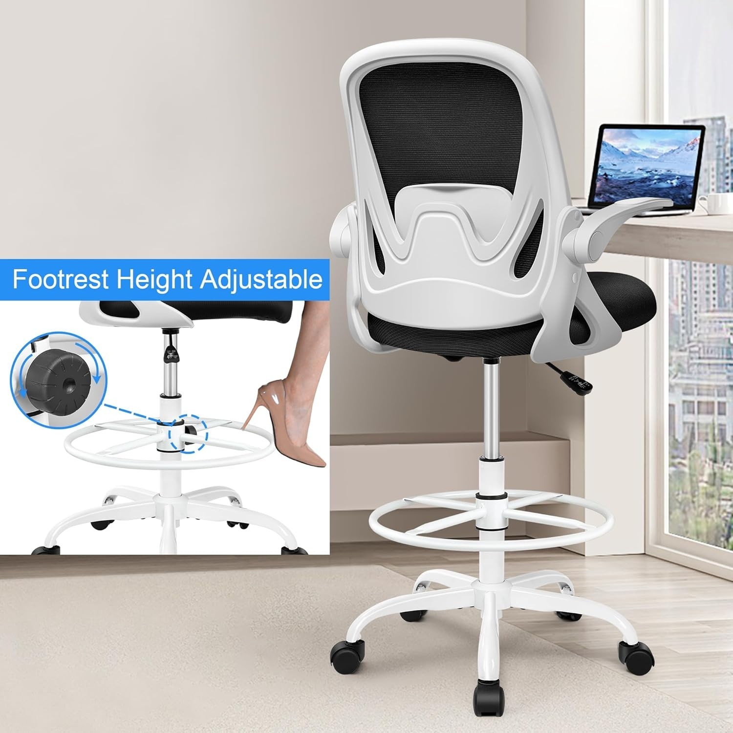 Ergonomic Drafting Chair with Flip-up Armrests – White