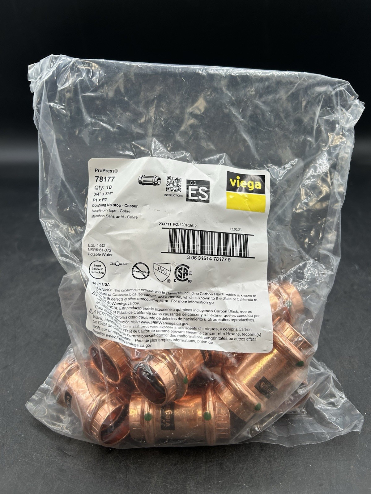 Viega 78177 3/4″ x 3/4″ ProPress Copper Coupling No Stop,Press Connection (10PK)