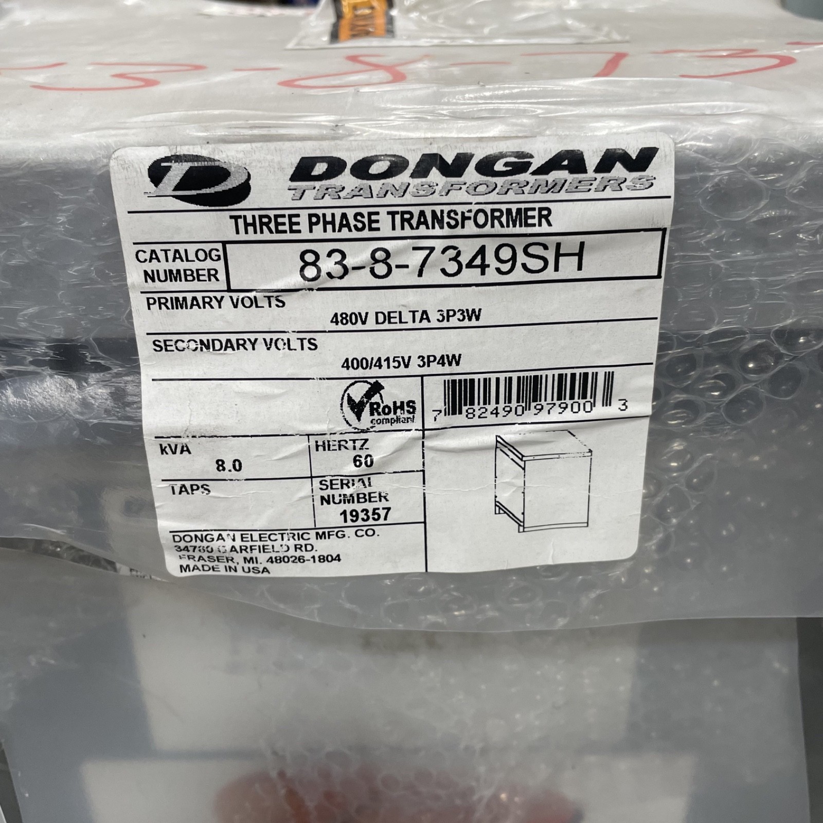 Dongan 8 kVA Transformer 480V to 400/415Y – 3 Phase 83-8-7349SH
